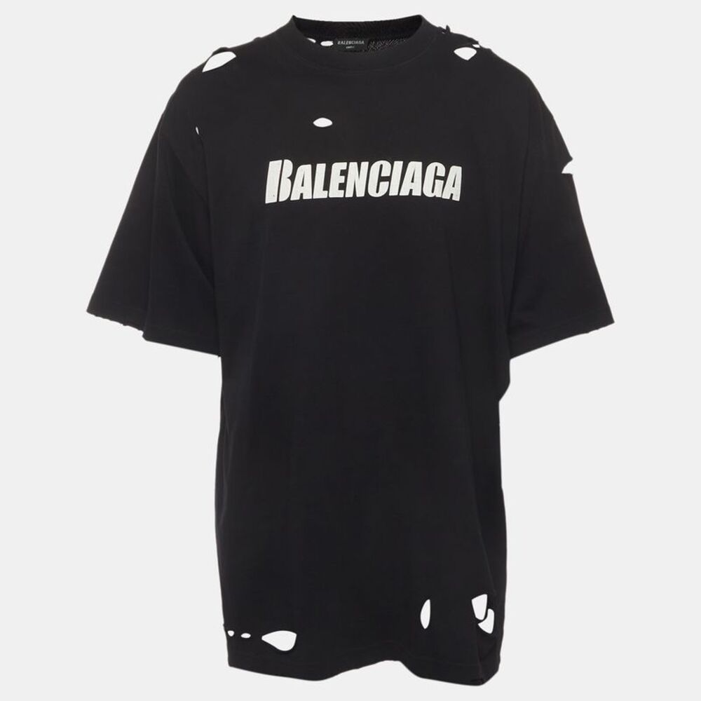 Balenciaga Unifit Black Jersey Caps Destroyed Flatground T-Shirt S